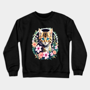 Beautiful Tabby Kitten Surrounded by Spring Flowers Crewneck Sweatshirt