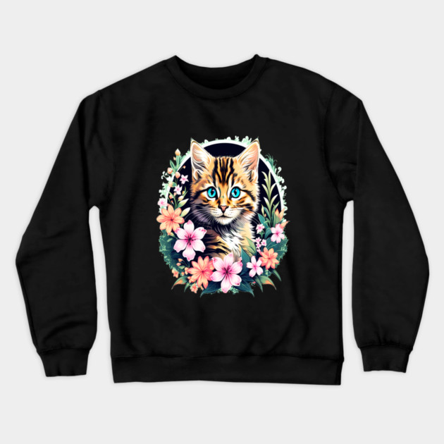 Beautiful Tabby Kitten Surrounded by Spring Flowers Crewneck Sweatshirt by BirdsnStuff