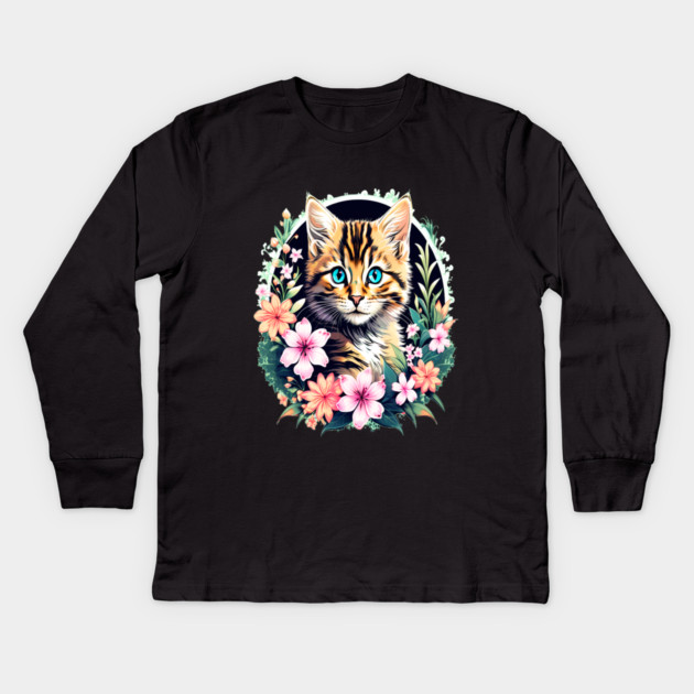 Beautiful Tabby Kitten Surrounded by Spring Flowers Kids Long Sleeve T-Shirt by BirdsnStuff