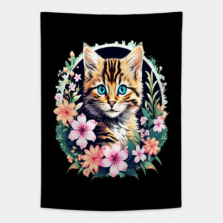 Beautiful Tabby Kitten Surrounded by Spring Flowers Tapestry