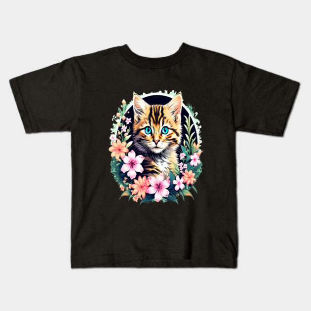 Beautiful Tabby Kitten Surrounded by Spring Flowers Kids T-Shirt by BirdsnStuff