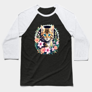 Beautiful Tabby Kitten Surrounded by Spring Flowers Baseball T-Shirt