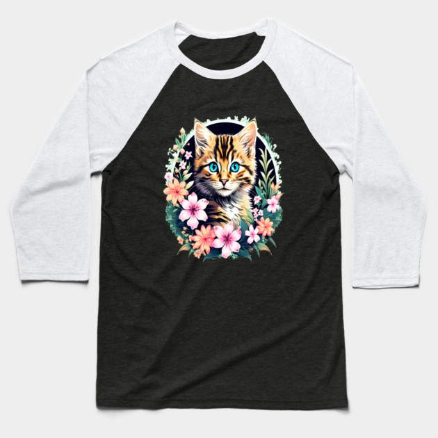 Beautiful Tabby Kitten Surrounded by Spring Flowers Baseball T-Shirt by BirdsnStuff