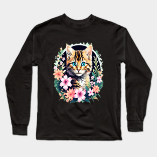 Beautiful Tabby Kitten Surrounded by Spring Flowers Long Sleeve T-Shirt