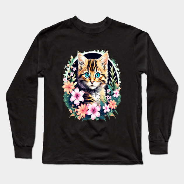 Beautiful Tabby Kitten Surrounded by Spring Flowers Long Sleeve T-Shirt by BirdsnStuff