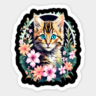 Beautiful Tabby Kitten Surrounded by Spring Flowers Sticker