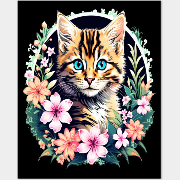 Beautiful Tabby Kitten Surrounded by Spring Flowers Wall Art by BirdsnStuff