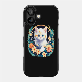 Beautiful white ktiten surrounded by spring flowers Phone Case