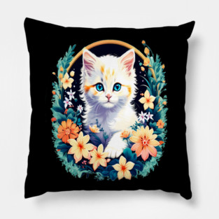 Beautiful white ktiten surrounded by spring flowers Pillow