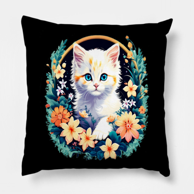 Beautiful white ktiten surrounded by spring flowers Pillow by BirdsnStuff