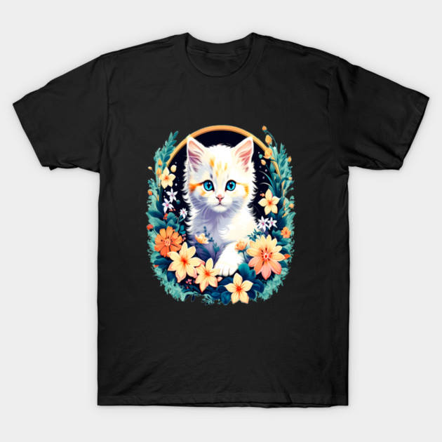 Beautiful white ktiten surrounded by spring flowers T-Shirt by BirdsnStuff