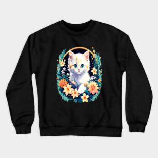 Beautiful white ktiten surrounded by spring flowers Crewneck Sweatshirt