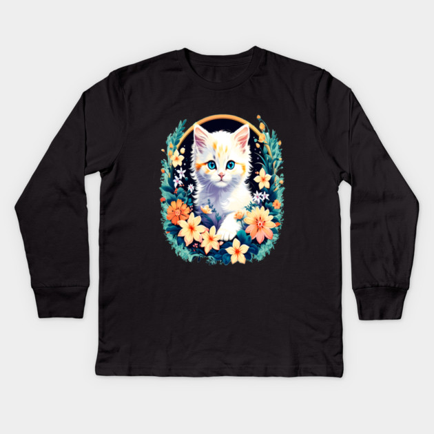 Beautiful white ktiten surrounded by spring flowers Kids Long Sleeve T-Shirt by BirdsnStuff