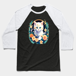 Beautiful white ktiten surrounded by spring flowers Baseball T-Shirt