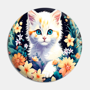 Beautiful white ktiten surrounded by spring flowers Pin