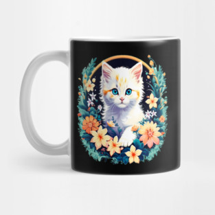 Beautiful white ktiten surrounded by spring flowers Mug