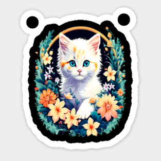 Beautiful white ktiten surrounded by spring flowers Sticker