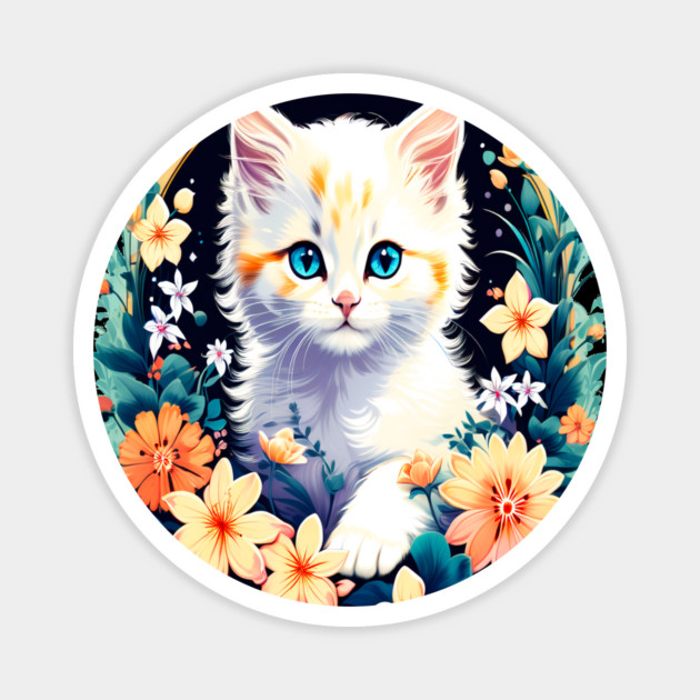 Beautiful white ktiten surrounded by spring flowers Magnet by BirdsnStuff