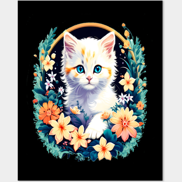 Beautiful white ktiten surrounded by spring flowers Wall Art by BirdsnStuff