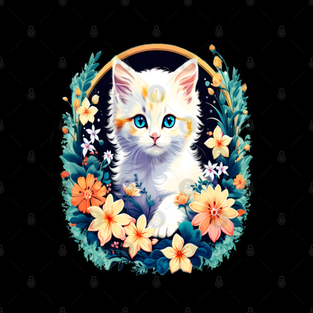 Beautiful white ktiten surrounded by spring flowers by BirdsnStuff