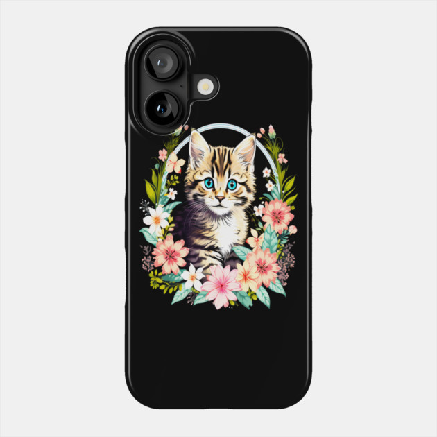 Tiger Striped kitten Surrounded by Beautiful Spring Flowers Phone Case by BirdsnStuff
