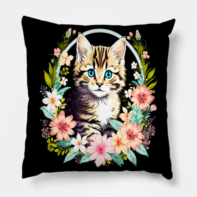 Tiger Striped kitten Surrounded by Beautiful Spring Flowers Pillow by BirdsnStuff