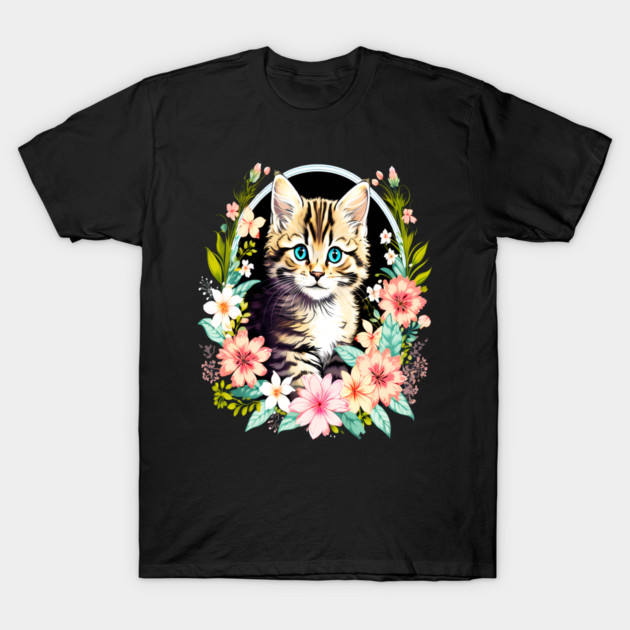Tiger Striped kitten Surrounded by Beautiful Spring Flowers T-Shirt by BirdsnStuff