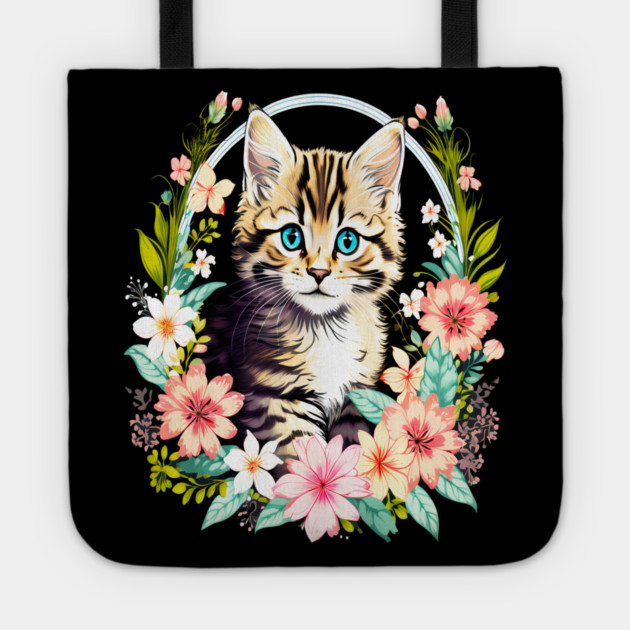 Tiger Striped kitten Surrounded by Beautiful Spring Flowers Tote by BirdsnStuff