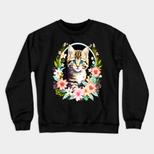 Tiger Striped kitten Surrounded by Beautiful Spring Flowers Crewneck Sweatshirt