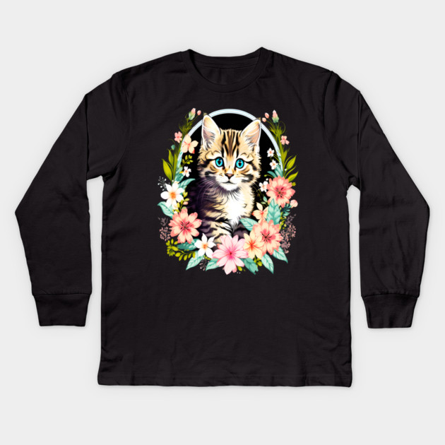 Tiger Striped kitten Surrounded by Beautiful Spring Flowers Kids Long Sleeve T-Shirt by BirdsnStuff
