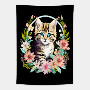 Tiger Striped kitten Surrounded by Beautiful Spring Flowers Tapestry