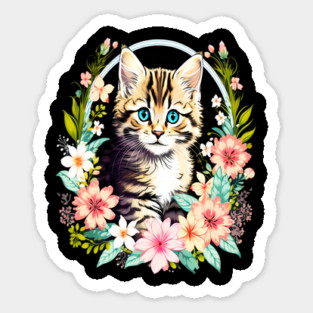 Tiger Striped kitten Surrounded by Beautiful Spring Flowers Sticker