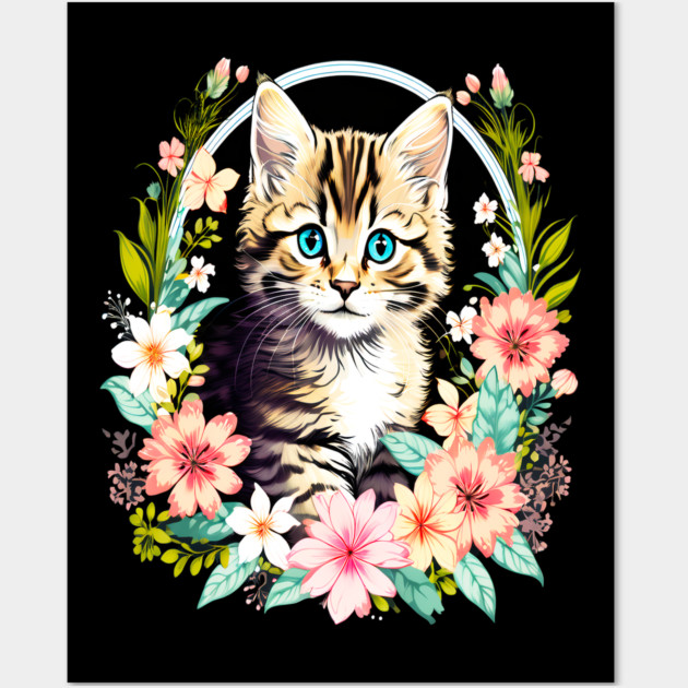 Tiger Striped kitten Surrounded by Beautiful Spring Flowers Wall Art by BirdsnStuff