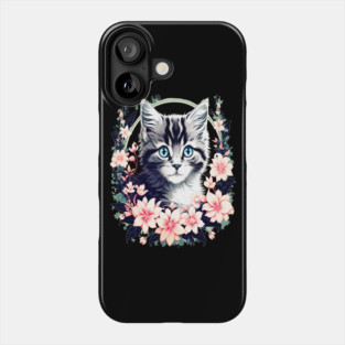 Black and Grey Kitten Surrounded by Spring Flowers Phone Case