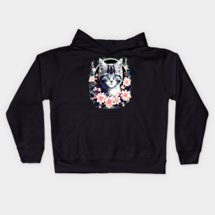 Black and Grey Kitten Surrounded by Spring Flowers Kids Hoodie