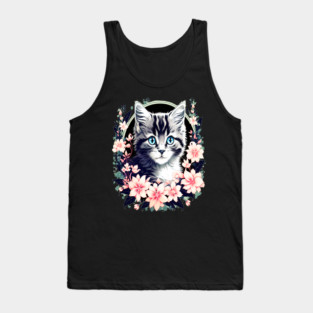 Black and Grey Kitten Surrounded by Spring Flowers Tank Top