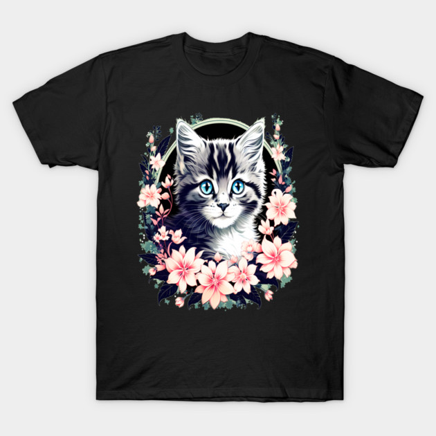 Black and Grey Kitten Surrounded by Spring Flowers T-Shirt by BirdsnStuff