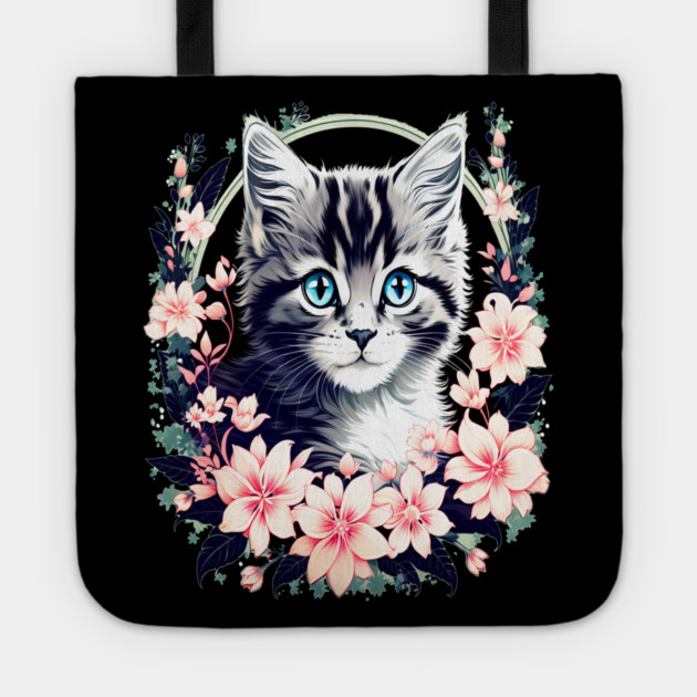 Black and Grey Kitten Surrounded by Spring Flowers Tote by BirdsnStuff