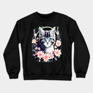 Black and Grey Kitten Surrounded by Spring Flowers Crewneck Sweatshirt