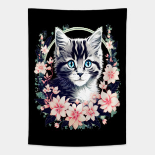 Black and Grey Kitten Surrounded by Spring Flowers Tapestry