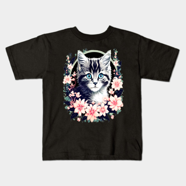 Black and Grey Kitten Surrounded by Spring Flowers Kids T-Shirt by BirdsnStuff
