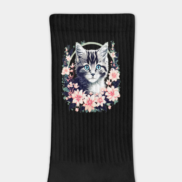 Black and Grey Kitten Surrounded by Spring Flowers by BirdsnStuff