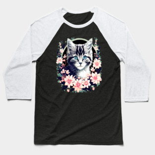 Black and Grey Kitten Surrounded by Spring Flowers Baseball T-Shirt