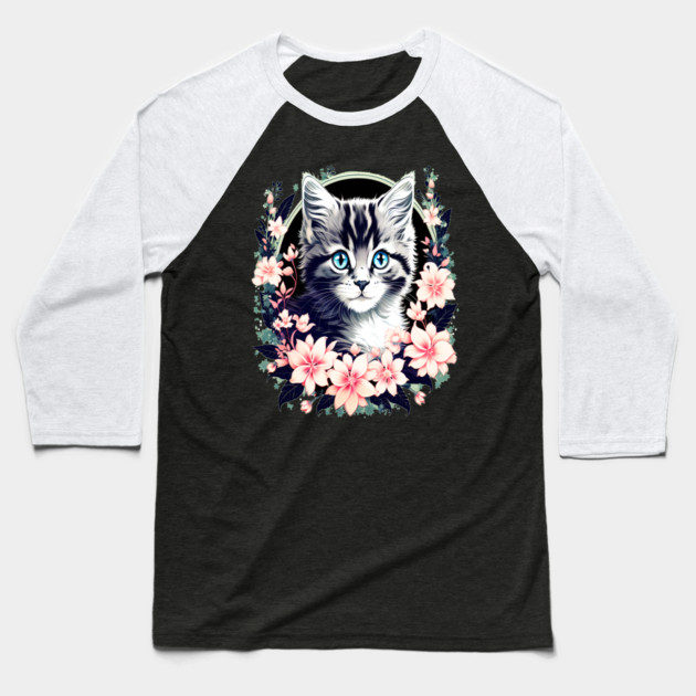 Black and Grey Kitten Surrounded by Spring Flowers Baseball T-Shirt by BirdsnStuff
