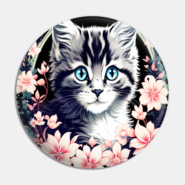 Black and Grey Kitten Surrounded by Spring Flowers Pin by BirdsnStuff
