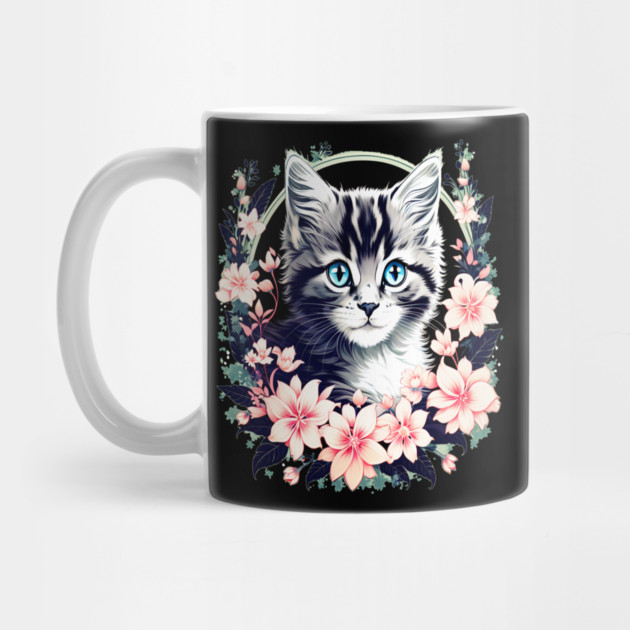 Black and Grey Kitten Surrounded by Spring Flowers by BirdsnStuff