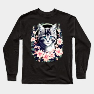 Black and Grey Kitten Surrounded by Spring Flowers Long Sleeve T-Shirt