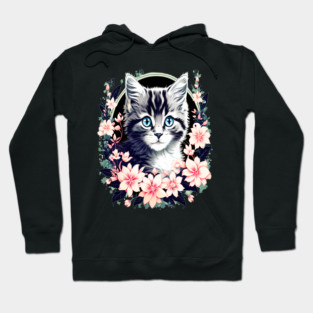 Black and Grey Kitten Surrounded by Spring Flowers Hoodie