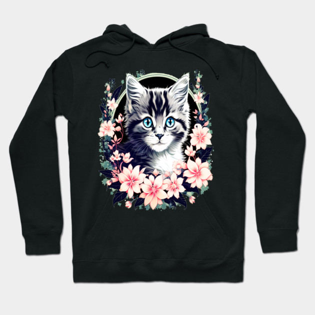 Black and Grey Kitten Surrounded by Spring Flowers Hoodie by BirdsnStuff