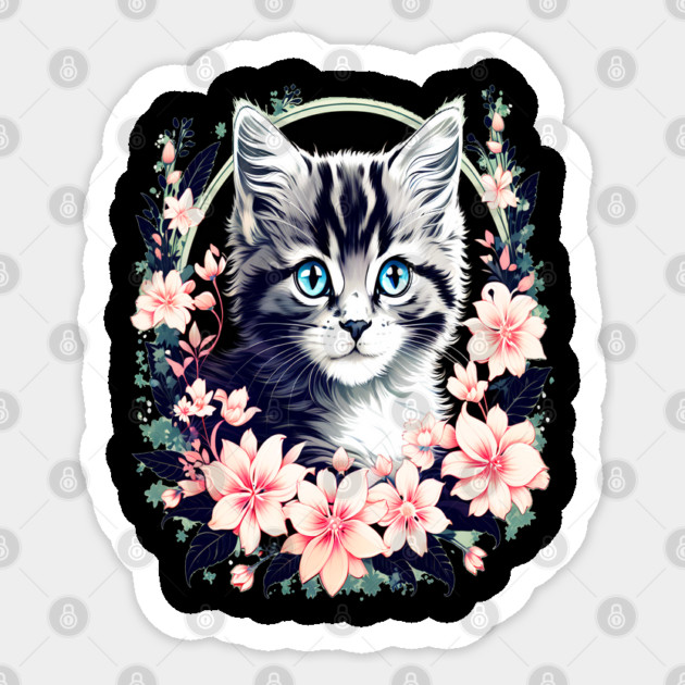 Black and Grey Kitten Surrounded by Spring Flowers Sticker by BirdsnStuff